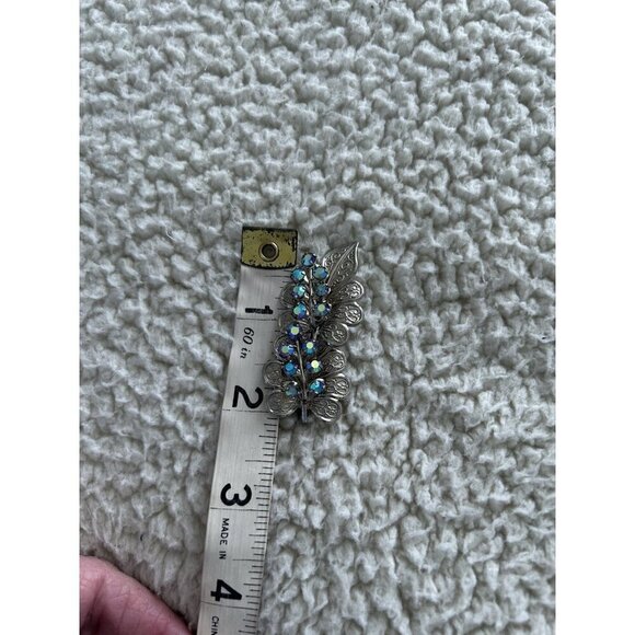 Vintage Silver Tone Leaf w/ Smoky AB Rhinestone Brooch Pin 2" Long - Picture 3 of 3